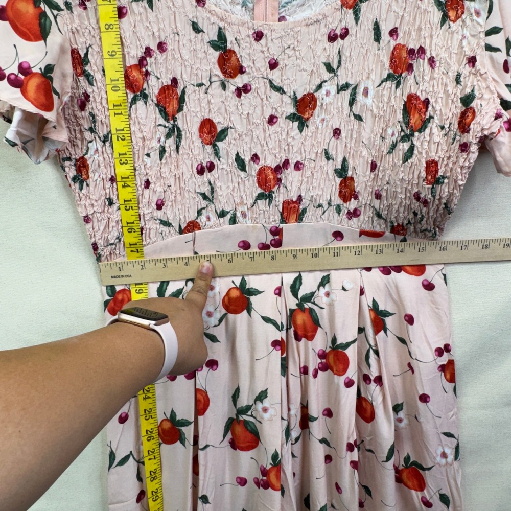 Jeffrey & Dara Vintage Cherry Print Smocked Midi Dress 8 Pink Cottagecore 90s - Picture 8 of 14